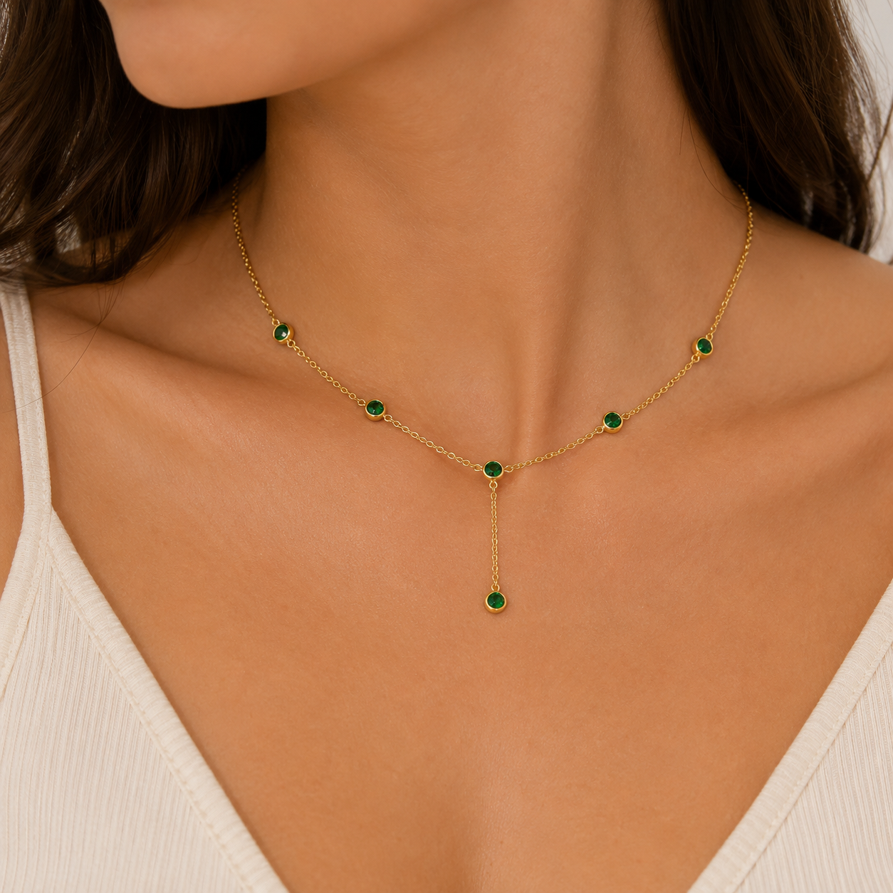 Emerald Round Station Y Drop Necklace