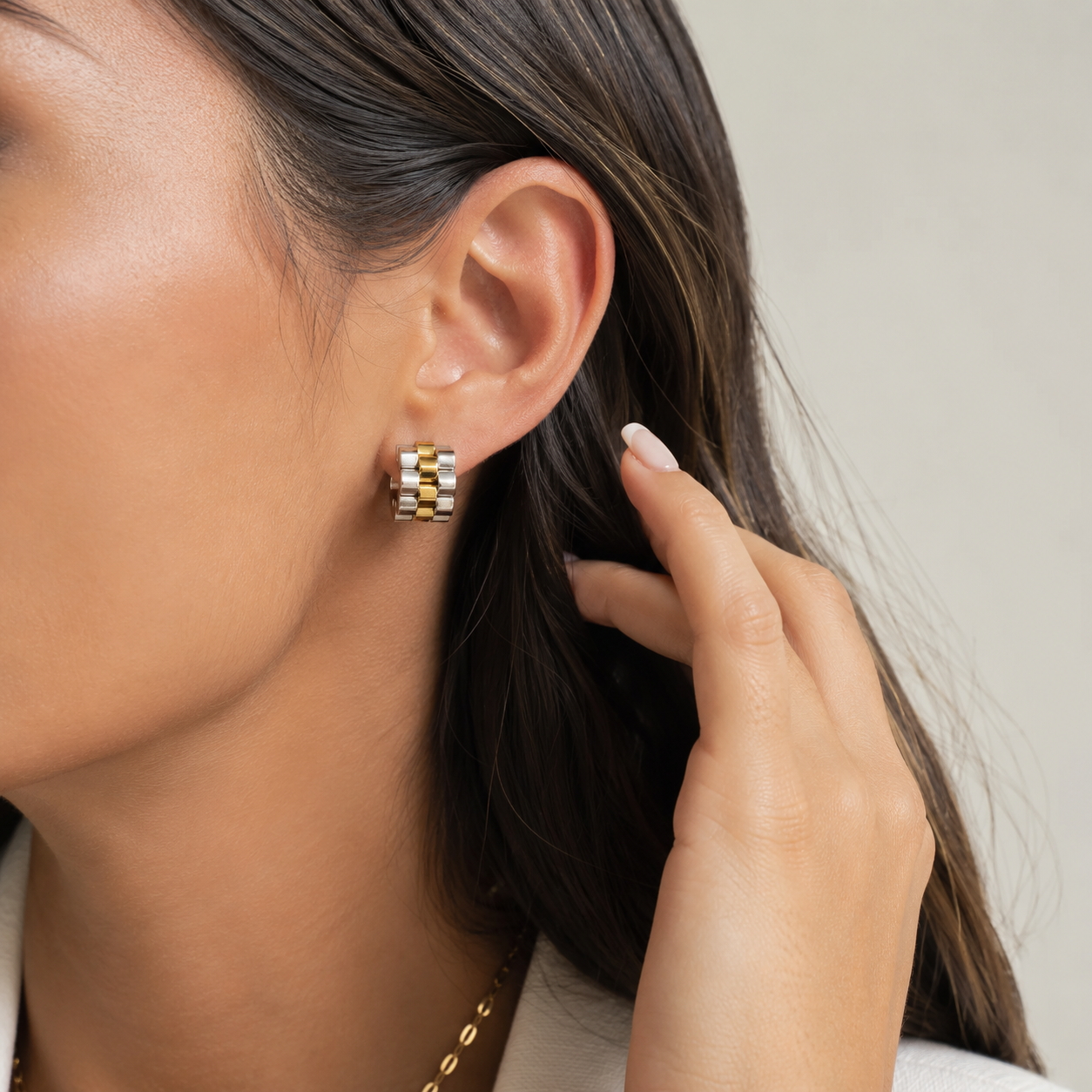 Two-Tone Watch Link Huggie Earrings