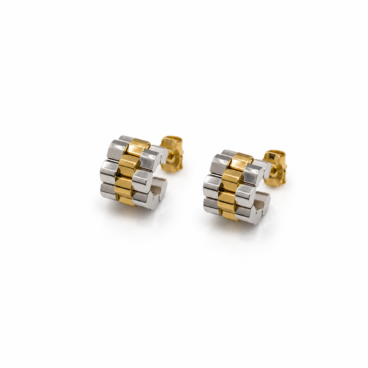 Two-Tone Watch Link Huggie Earrings