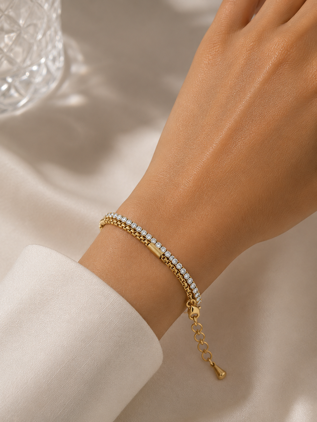 Double Row Crystal Box Chain Bracelet